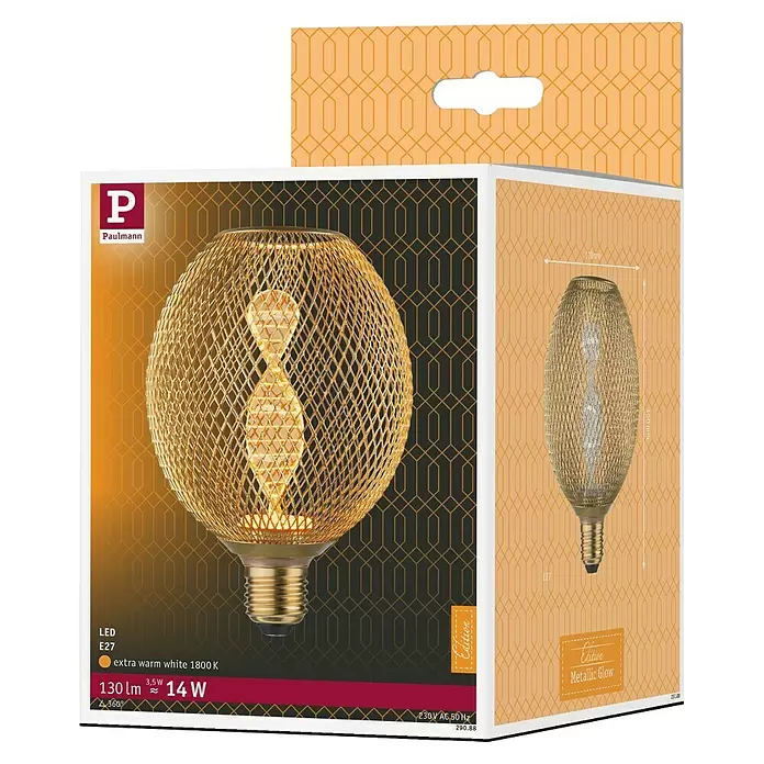 Paulmann LED-Lampe Metallic Glow Helix Globe - E27, Dimmbarkeit: Nicht Dimmbar, Warmweiß, 130 lm, 3,5 W, Messing - Paulmann LED-Glühbirne E27 mit metallischem Goldgeflecht-Globus, extra warmweißes Licht, in Verkaufsverpackung.