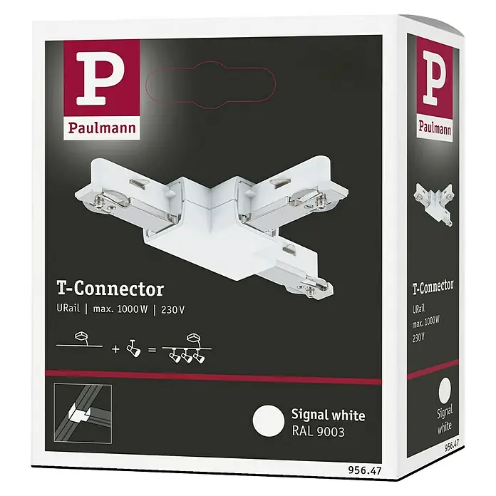 Paulmann URail T-Verbinder - Signalweiß, L x B x H: 104 x 62 x 18 mm - Produktverpackung eines Paulmann URail T-Connectors in Signalweiß (RAL 9003) mit technischen Daten (max. 1000 W, 230 V).