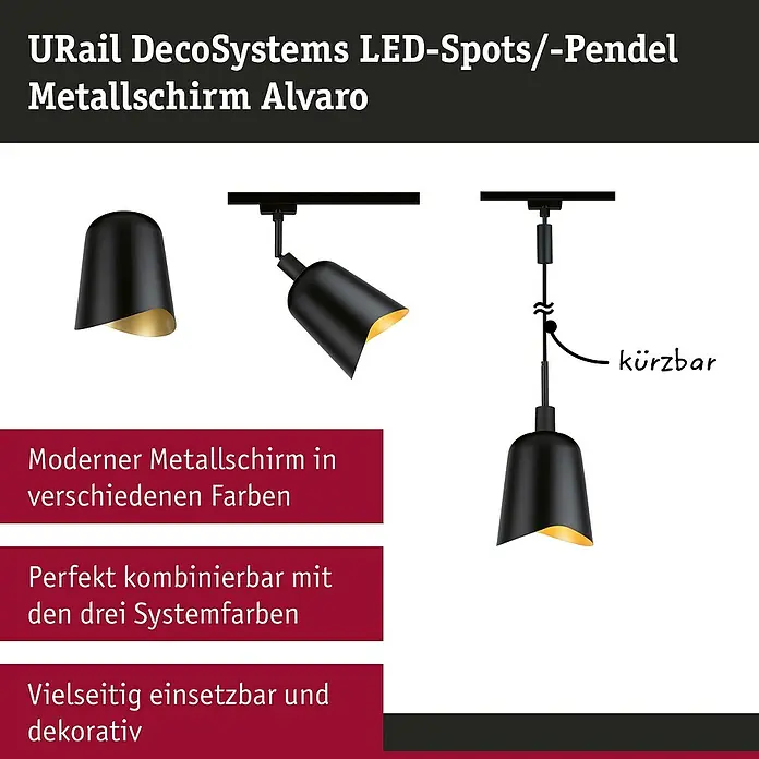 Paulmann URail Lampenschirm Alvaro - E14, Ø x H: 14,4 x 17 cm, Schwarz - URail DecoSystems LED-Spots/-Pendel Metallschirm Alvaro. Moderne, vielseitige und dekorative Metallschirme für individuelle Lichtgestaltung.