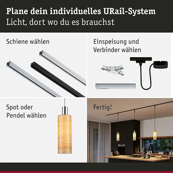 Paulmann URail Lampenschirm Vitus - E27, Light Oak, Ø x H: 11 x 30 cm - Darstellung eines URail-Systems, das die Komponenten Schiene, Einspeisung, Verbinder und Spot/Pendel zur individuellen Lichtgestaltung zeigt.