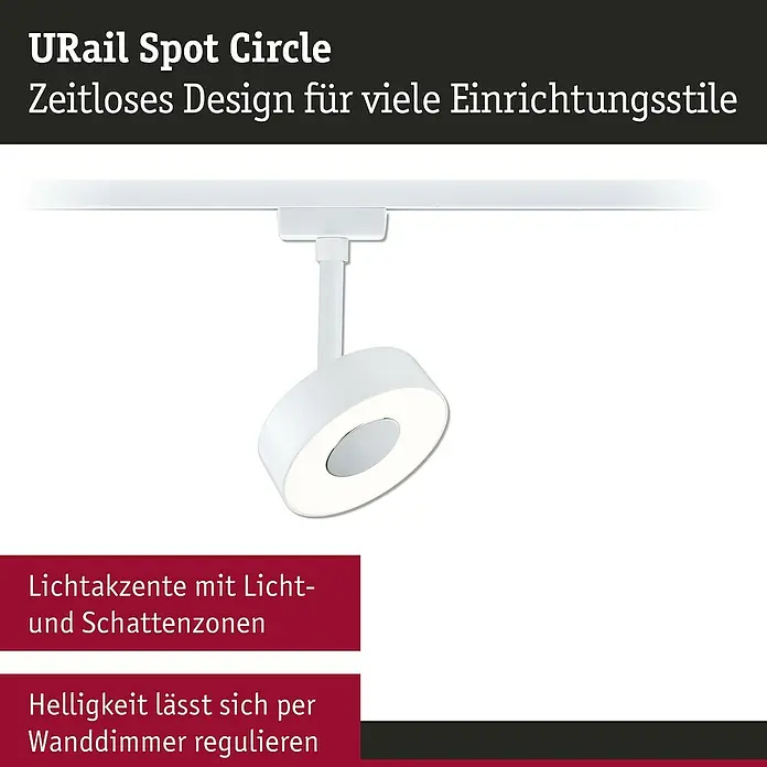 Paulmann URail LED-Spot Circle - Signalweiß, 5 x 9,8 x 15,4 cm, Warmweiß - Produktfoto eines URail Spot Circle, ein zeitloses Design für viele Einrichtungsstile. Lichtakzente mit Licht- und Schattenzonen.