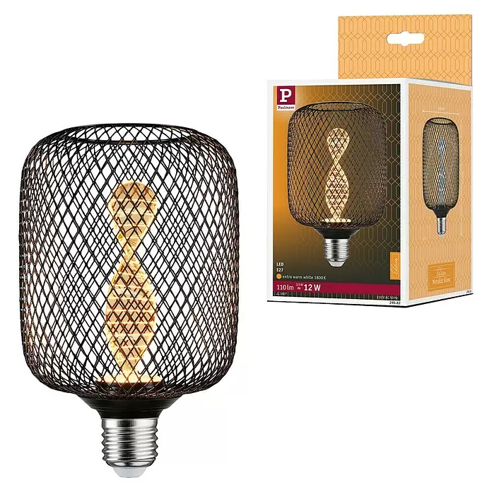 Paulmann LED-Lampe Metallic Glow Helix - E27, Nicht Dimmbar, Warmweiß, 110 lm, 3,5 W, 1 Stk., Schwarz - LED-Glühbirne mit schwarzem Metallgeflecht-Käfig und E27-Sockel, neben der Einzelhandelsverpackung.