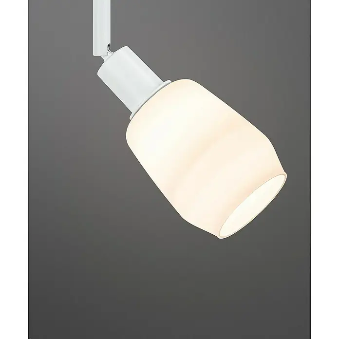 Paulmann URail LED-Spot DecoSystems - Lampenfassung: E14, Farbe: Signalweiß - Nahaufnahme einer modernen, weißen Deckenleuchte mit einem zylindrischen Lampenschirm, die ein warmes, helles Licht ausstrahlt.