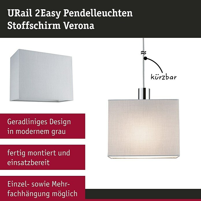 Paulmann URail 2Easy Lampenschirm Verona (L x B x H: 13 x 25 x 20 cm, E27, Grau) | BAUHAUS