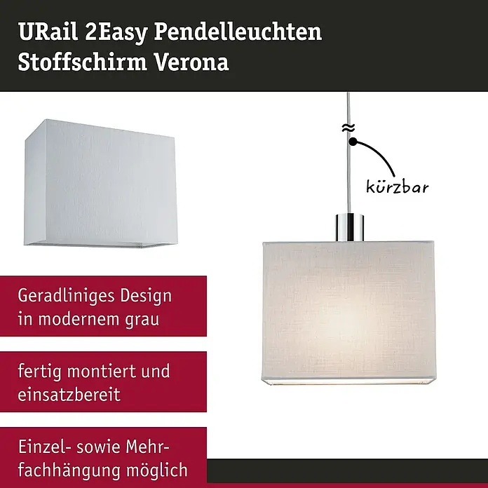 Paulmann URail Lampenschirm Verona - L x B x H: 13 x 25 x 20 cm, E27, Grau - Das Bild zeigt die URail 2Easy Pendelleuchte Stoffschirm Verona. Die Pendelleuchte hat ein geradliniges Design und ist in modernem Grau gehalten.