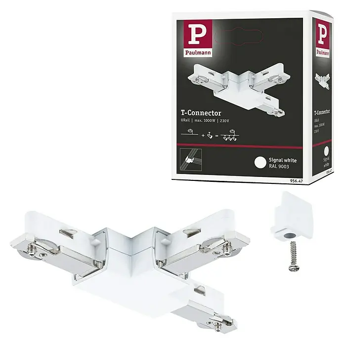 Paulmann URail T-Verbinder - Signalweiß, L x B x H: 104 x 62 x 18 mm - Produktbild des Paulmann URail T-Verbinders in Signalweiß (RAL 9003), zur Verbindung von drei URail Schienen. Inklusive Verpackung.