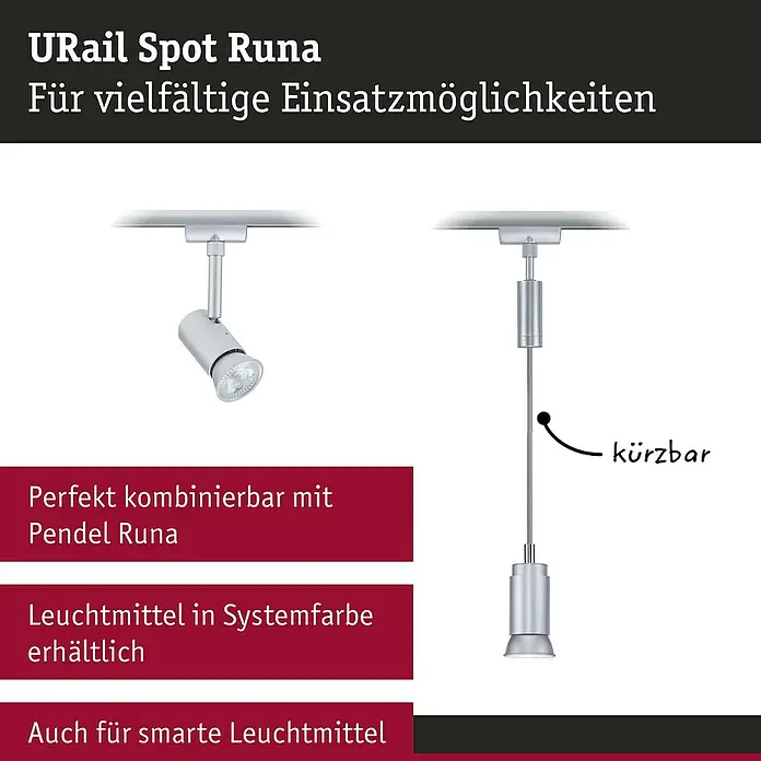 Paulmann URail LED-Spot Runa - 10 W, Chrom matt, 3,5 x 6 x 13,3 cm - URail Spot Runa: Vielseitige Beleuchtungslösung für flexible Anwendungen. Das System bietet individuell anpassbare Lichtakzente für jeden Raum.