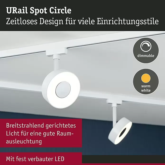 Paulmann URail LED-Spot Circle - Signalweiß, 5 x 9,8 x 15,4 cm, Warmweiß - Weiße runde URail LED-Spots auf Schienensystem, bieten dimmbares, warmweißes, breitstrahlendes Raumlicht.