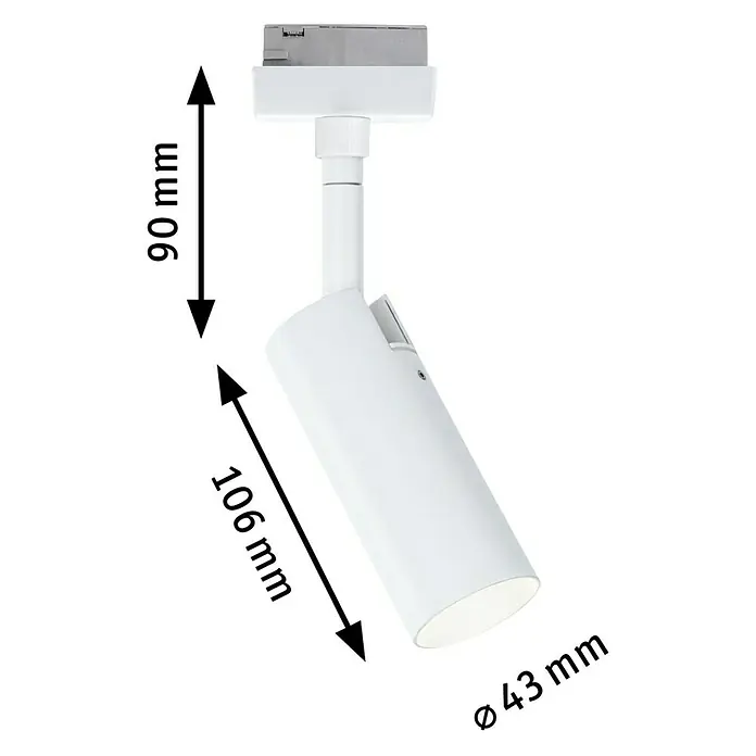 Paulmann URail LED-Spot Tubo - 5 W, Warmweiß, Signalweiß - Produktbild einer weißen Schienenleuchte mit Maßangaben: 90 mm Höhe, 106 mm Länge und 43 mm Durchmesser für präzise Beleuchtung.