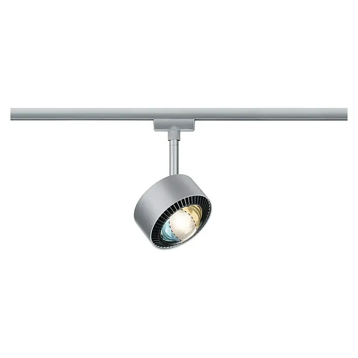 Paulmann URail LED-Spot Aldan - Chrom matt, Kaltweiß, Ø x H: 9,9 x 17,9 cm - Nahaufnahme einer schwenkbaren silbernen LED-Trackleuchte mit kühlendem Design und verstellbarem Lichtkopf zur flexiblen Beleuchtung.