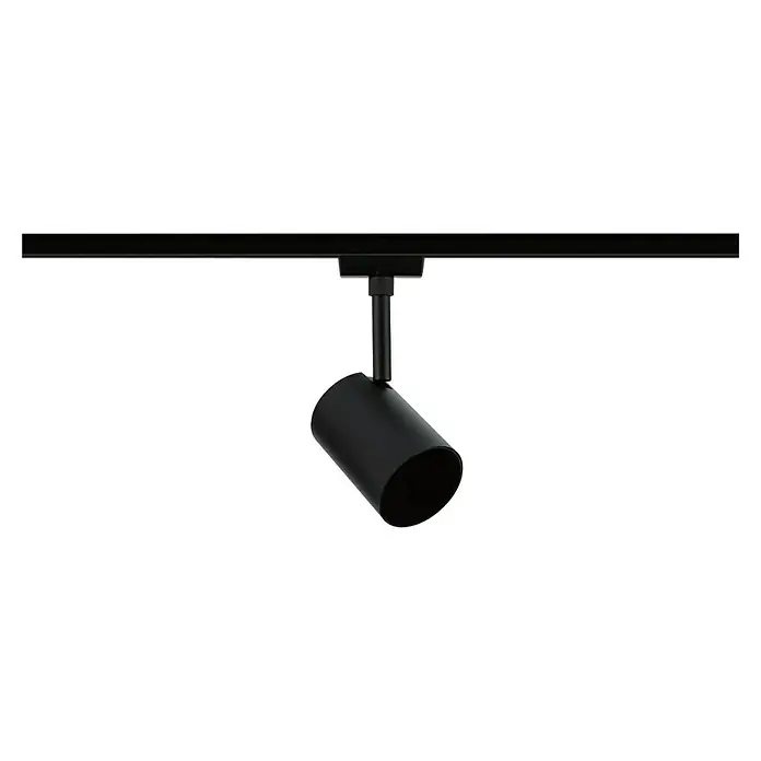 Paulmann URail LED-Spot Luxe - 10 W, Schwarz matt, 6,5 x 9 x 16,3 cm - Nahaufnahme einer schwarzen Schienenleuchte, die von der Decke hängt und nach unten gerichtet ist. Elegantes Design für moderne Beleuchtung.
