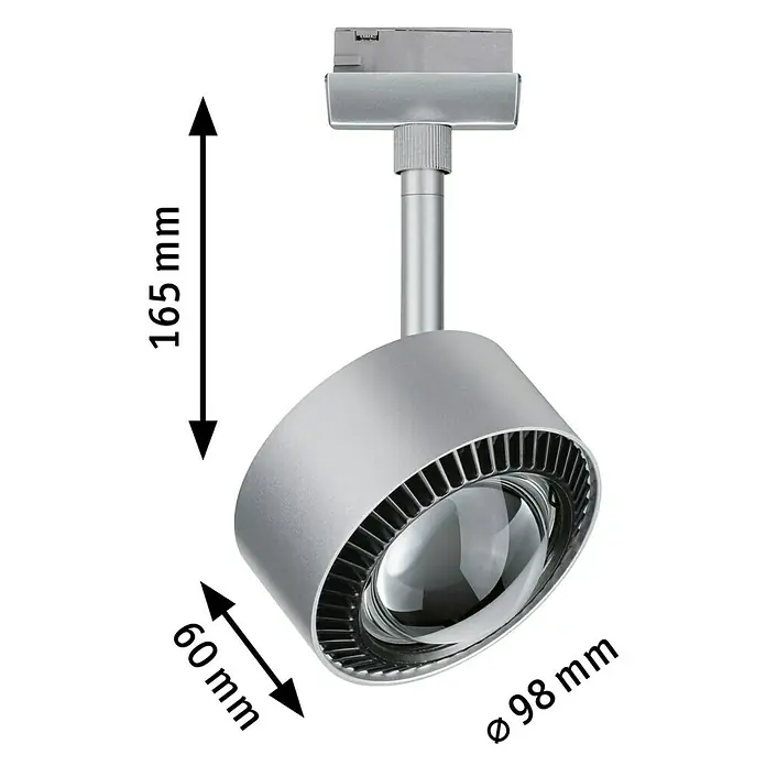 Paulmann URail LED-Spot Aldan - Chrom matt, Kaltweiß, Ø x H: 9,9 x 17,9 cm - Nahaufnahme eines silberfarbenen LED-Strahlers mit Angaben zu seinen Abmessungen.