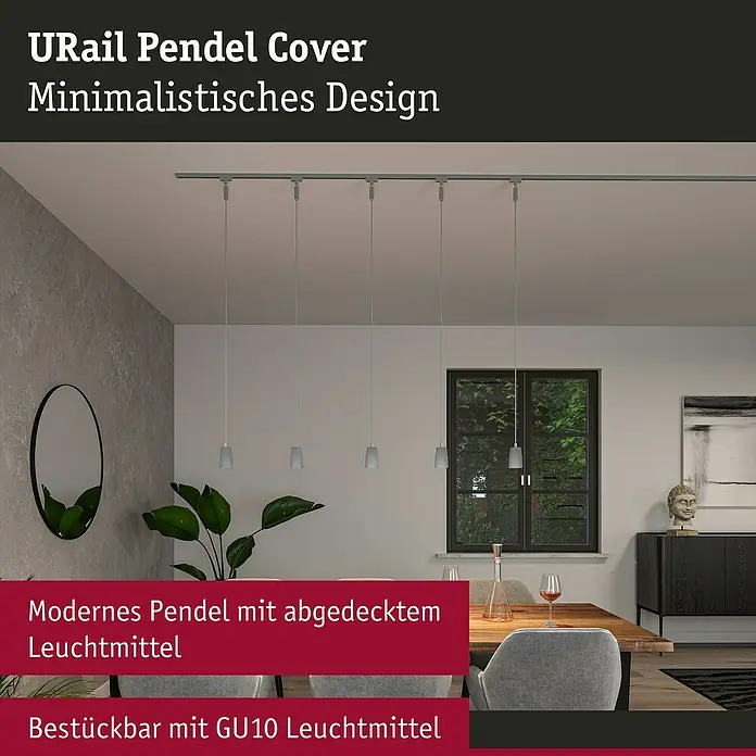 Paulmann URail Pendelleuchte Cover - Ø x H: 6,5 x 122 cm, Chrom matt - URail Pendel Cover: Minimalistisches Design mit modernem Pendel und abgedecktem Leuchtmittel, bestückbar mit GU10 Leuchtmittel.