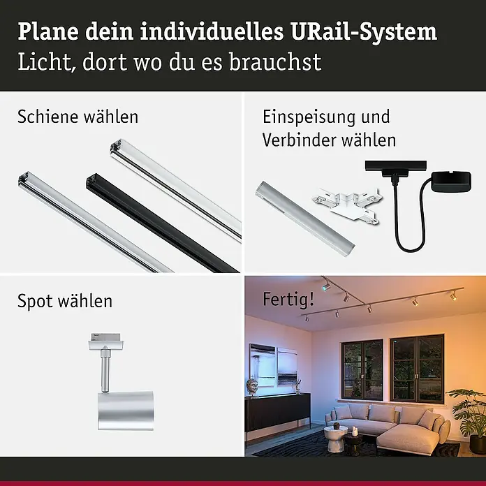 Paulmann URail LED-Spot Luxe - 10 W, Chrom matt, 6,5 x 9 x 16,3 cm, RGBW - Darstellung eines URail-Systems mit verschiedenen Komponenten zur individuellen Lichtplanung.