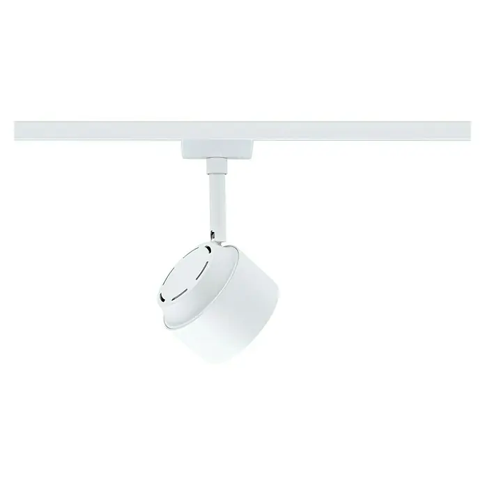 Paulmann URail LED-Spot Pane - Signalweiß, Neutralweiß - Eine weiße Schienenleuchte mit zylindrischem Lampenkopf hängt an einer weißen Schiene. Das Licht ist modern und minimalistisch gestaltet.