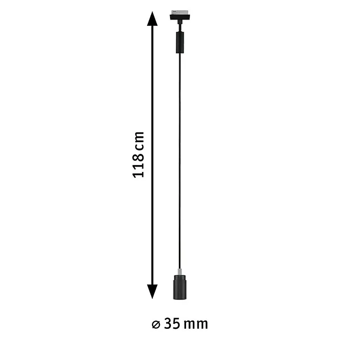 Paulmann URail Pendelleuchte Runa - Ø x H: 3,5 x 118 cm, Schwarz matt - Detailaufnahme einer schwarzen Pendelleuchte mit den Maßen 118 cm Länge und 35 mm Durchmesser für technische Daten.