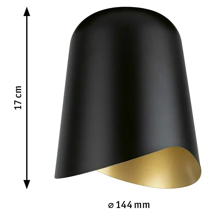 Paulmann URail Lampenschirm Alvaro - E14, Ø x H: 14,4 x 17 cm, Schwarz - Nahaufnahme einer schwarzen Wandleuchte mit goldfarbener Innenseite und Maßangaben.