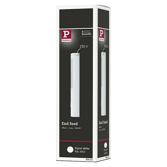 Paulmann URail End-Einspeisung - 16,1 cm, 1.000 W, Signalweiß - Produktverpackung für Paulmann URail Endspeisung in Signalweiß (RAL 9003), max. 1000W, mit 5 Jahren Garantie und 230V Anschluss.
