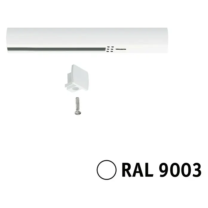 Paulmann URail End-Einspeisung - 16,1 cm, 1.000 W, Signalweiß - Produktbild einer Gardinenschiene mit Zubehör. Die Farbe ist RAL 9003, ein reines Weiß.