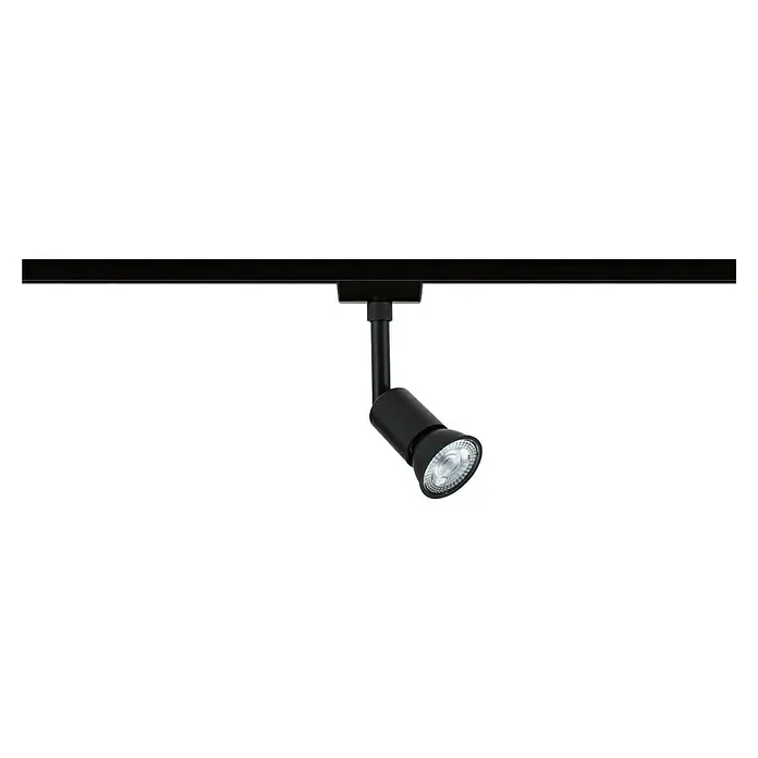 Paulmann URail LED-Spot Salt - 10 W, Schwarz matt, 3,5 x 4,5 x 11,3 cm - Schwarze LED-Schienenleuchte, die von einer schwarzen Schiene hängt und nach unten gerichtet ist.