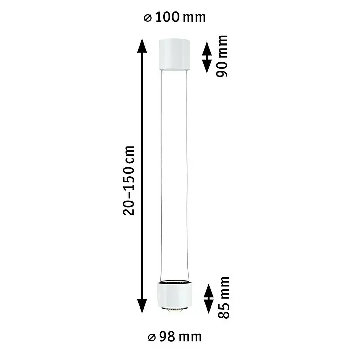 Paulmann URail LED-Pendelleuchte Aldan - Signalweiß, Höhe: 150 cm, Dimmbar - Technische Zeichnung einer Hängeleuchte mit Abmessungen: Durchmesser 100 mm (oben), 98 mm (unten) und Länge 20-150 cm.