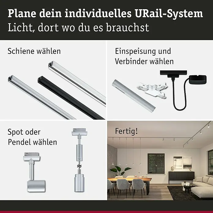 Paulmann URail LED-Spot Runa - 10 W, Chrom matt, 3,5 x 6 x 13,3 cm - Anleitung zur Planung eines URail-Systems mit Schienen, Einspeisung, Verbindern, Spots und Pendeln für individuelle Beleuchtungslösungen.