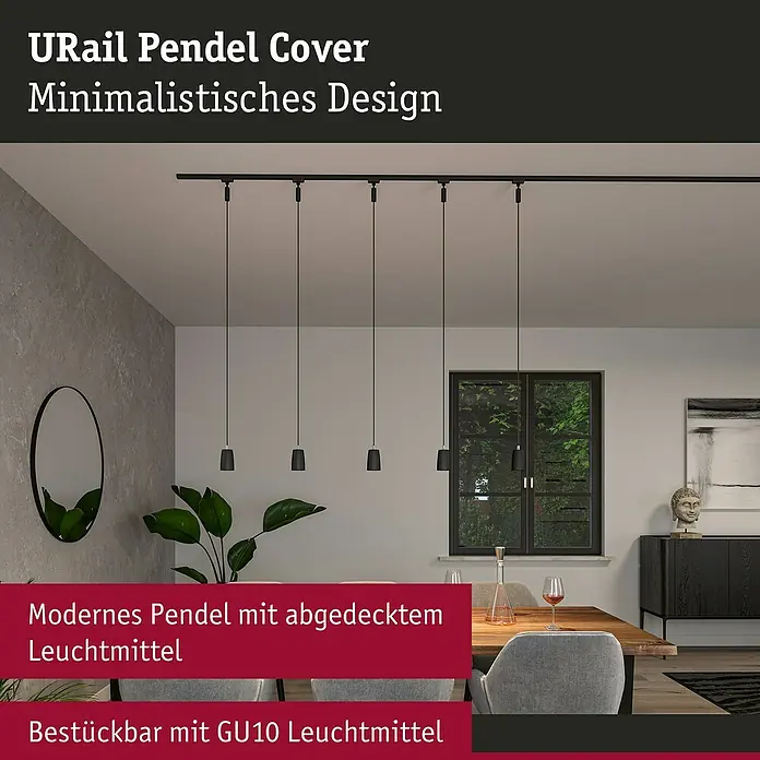 Paulmann URail Pendelleuchte Cover - Ø x H: 6,5 x 122 cm, Schwarz matt - URail Pendel Cover: Modernes Pendel mit abgedecktem Leuchtmittel. Bestückbar mit GU10 Leuchtmittel für minimalistisches Design.