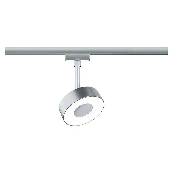 Paulmann URail LED-Spot Circle - Chrom matt, 5 x 9,8 x 15,4 cm, Neutralweiß - Nahaufnahme einer silbernen LED-Deckenleuchte mit einem ringförmigen Design und einer schlichten, modernen Ästhetik.