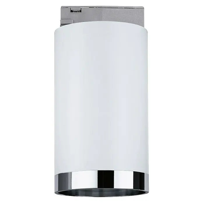 Paulmann URail LED-Spot Tube - Signalweiß, GU10, Ø x H: 6,5 x 12,8 cm - Nahaufnahme einer zylindrischen Wandleuchte mit einem weißen Schirm und einer chromfarbenen Basis, die ein elegantes und modernes Design zeigt.