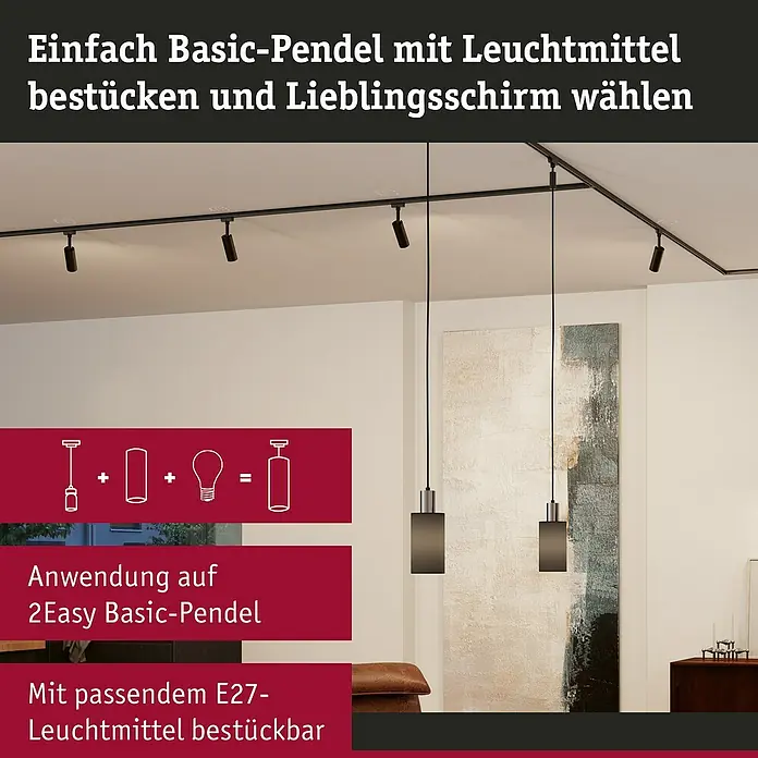 Paulmann URail Lampenschirm Valerio - E27, Anthrazit, Ø x H: 10 x 18 cm - Deckenleuchte mit schwarzer Schiene und mehreren Strahlern. Zwei Pendelleuchten mit Lampenschirm hängen von der Schiene.