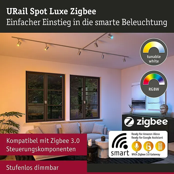 Paulmann URail LED-Spot Luxe - 10 W, Chrom matt, 6,5 x 9 x 16,3 cm, RGBW - Das Bild zeigt eine URail Spot Luxe Zigbee Beleuchtung, die smart und dimmbar ist und mit Zigbee 3.0 Komponenten kompatibel ist.