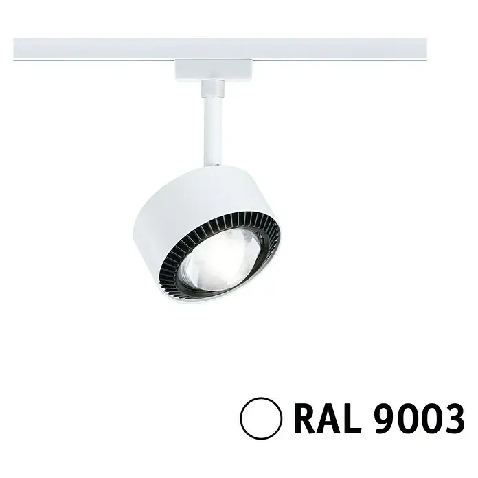 Paulmann URail LED-Spot Aldan - Signalweiß, Neutralweiß, Ø x H: 9,8 x 17 cm - Nahaufnahme einer weißen LED-Schienenleuchte RAL 9003, die modernes Design und effiziente Beleuchtungslösungen bietet.