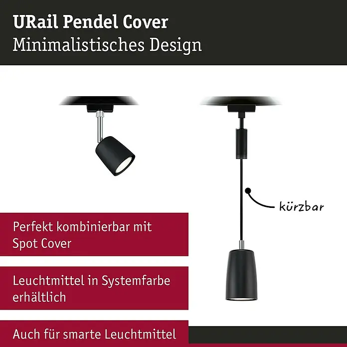 Paulmann URail Pendelleuchte Cover - Ø x H: 6,5 x 122 cm, Schwarz matt - Produktabbildung: URail Pendel Cover im minimalistischen Design, perfekt kombinierbar mit Spot Covern, Leuchtmittel in Systemfarbe erhältlich.