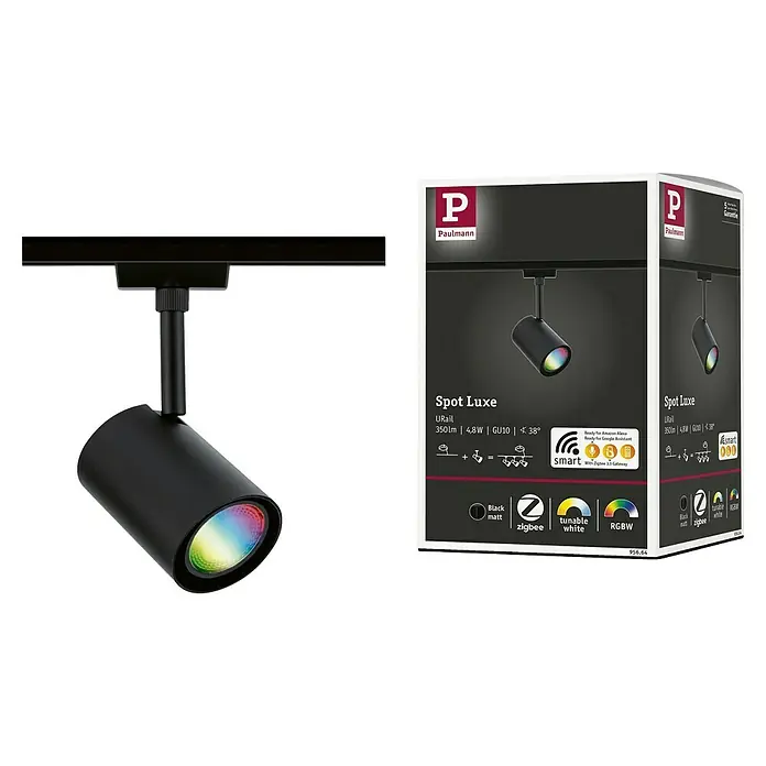 Paulmann URail LED-Spot Luxe - 10 W, Schwarz matt, 6,5 x 9 x 16,3 cm, RGBW - Abbildung einer Paulmann URail Spot Luxe, einer intelligenten, schwarzen Schienenleuchte mit tunable white und RGBW Funktion, abgebildet mit Verpackung.