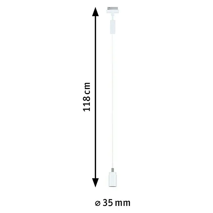 Paulmann URail Pendelleuchte Runa - Ø x H: 3,5 x 118 cm, Signalweiß - Abbildung einer weißen Pendelleuchte mit den Maßen 118cm Höhe und 35mm Durchmesser, zur Veranschaulichung der Produktabmessungen.