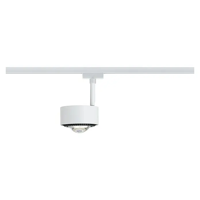 Paulmann URail LED-Spot Aldan - Signalweiß, Kaltweiß, Ø x H: 9,9 x 17,9 cm - Nahaufnahme einer weißen, zylindrischen Deckenleuchte mit abgerundetem Glasschirm, die an einer Schiene befestigt ist.