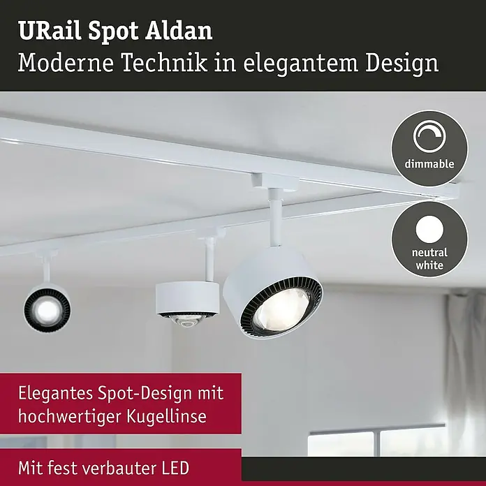 Paulmann URail LED-Spot Aldan - Signalweiß, Neutralweiß, Ø x H: 9,8 x 17 cm - URail Spot Aldan: Moderne LED-Schiene mit elegantem Design und hochwertiger Kugellinse für eine stilvolle Beleuchtung im Raum.