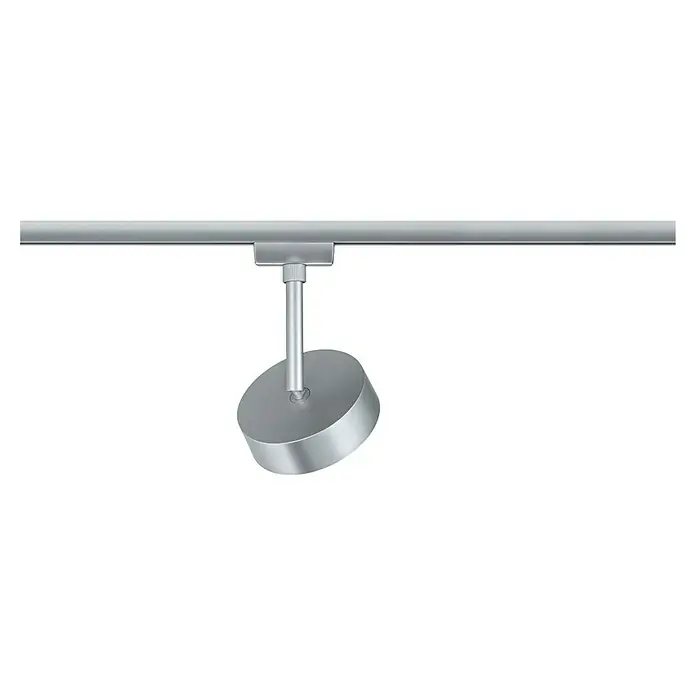 Paulmann URail LED-Spot Circle - Chrom matt, 5 x 9,8 x 15,4 cm, Neutralweiß - Aufnahme des silbernen LED-Schienenstrahlers an einer Schiene, der eine gezielte Beleuchtung ermöglicht und eine moderne Ästhetik bietet.