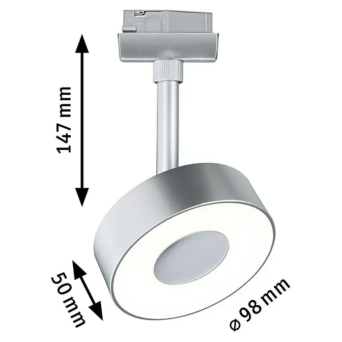 Paulmann URail LED-Spot Circle - Chrom matt, 5 x 9,8 x 15,4 cm, Neutralweiß - Nahaufnahme einer modernen silbernen LED-Deckenleuchte mit Maßangaben.