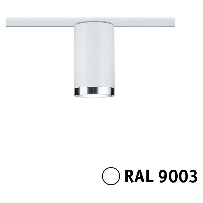Paulmann URail LED-Spot Tube - Signalweiß, GU10, Ø x H: 6,5 x 12,8 cm - Nahaufnahme einer weißen Aufbaulampe mit Chromrand, befestigt an einer Schiene, RAL 9003.