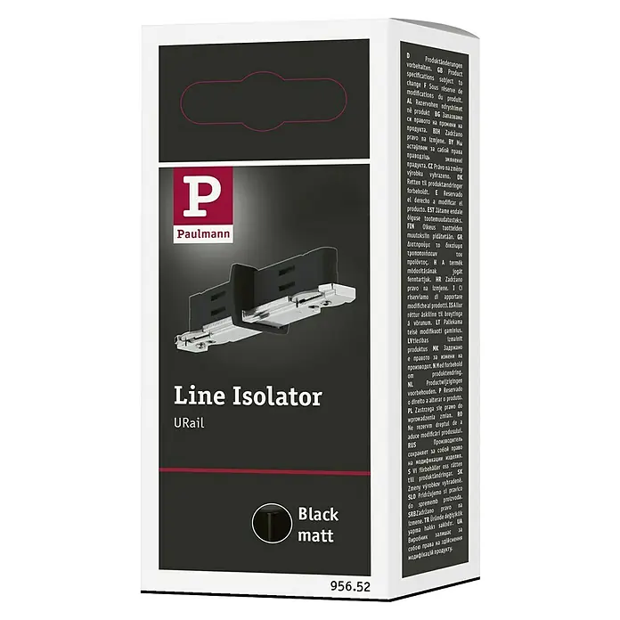 Paulmann URail Stromtrenner - 7 cm, 1.000 W, Schwarz matt, 230 V, Kunststoff - Produktverpackung des Paulmann URail Line Isolators in Schwarz matt. Der Isolator ist für URail-Systeme und in Mattschwarz erhältlich.