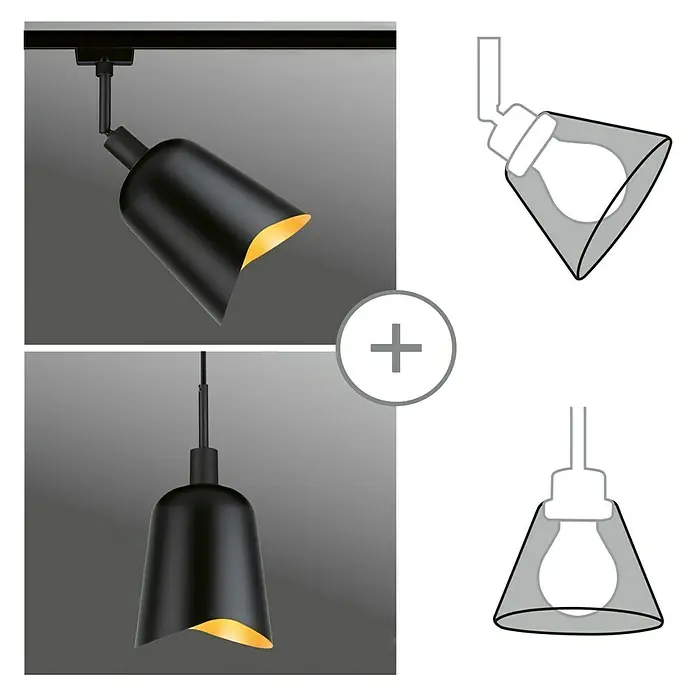 Paulmann URail Lampenschirm Alvaro - E14, Ø x H: 14,4 x 17 cm, Schwarz - Produktbild mit zwei schwarzen Lampen und Skizzen, die die Lampen von innen zeigen.