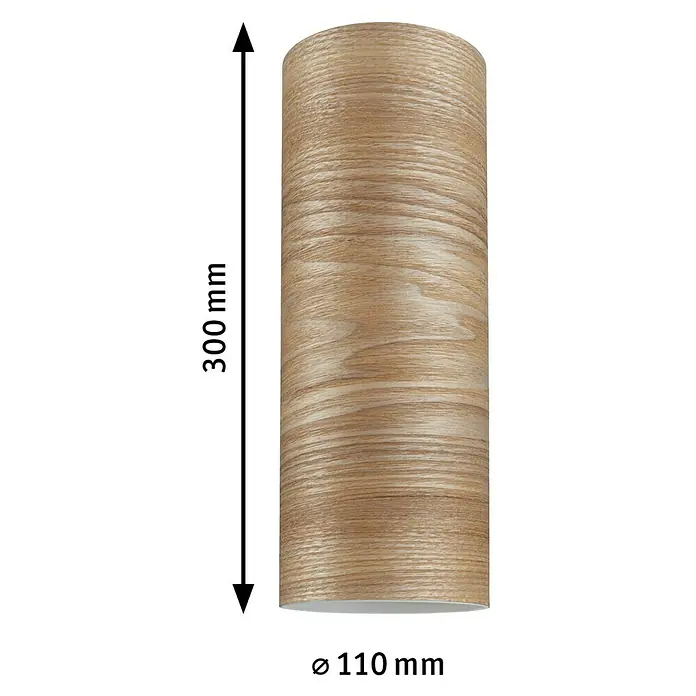 Paulmann URail Lampenschirm Vitus - E27, Light Oak, Ø x H: 11 x 30 cm - Produktbild einer zylinderförmigen Holzleuchte mit den Maßen 300 mm Höhe und 110 mm Durchmesser.