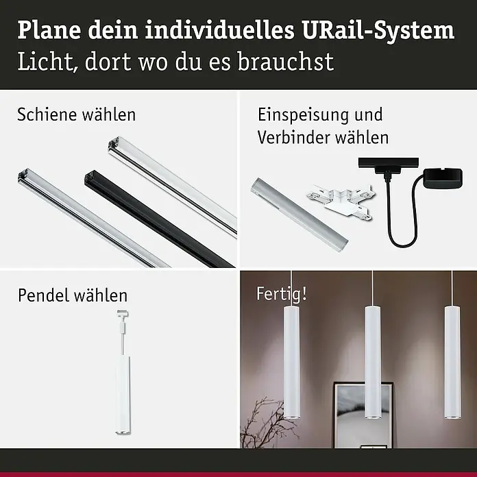 Paulmann URail Pendelleuchte Catalejo - Signalweiß, Höhe: 150 cm - Das Bild zeigt eine Übersicht des URail-Systems, von der Schienenauswahl bis zur fertigen Pendelleuchte, die eine individuelle Beleuchtungslösung bietet.