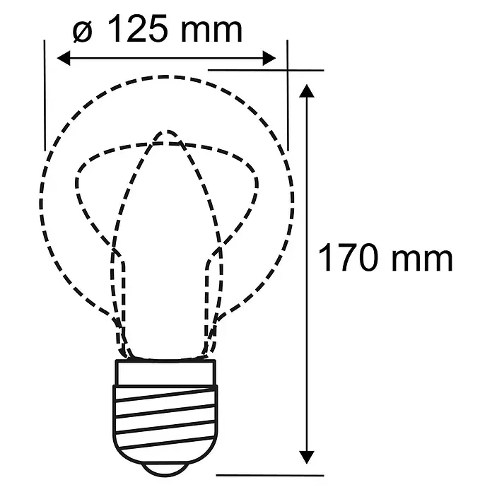 Paulmann LED-Lampe White Lampion Filament glatt - E27, Dimmbar, Warmweiß, 400 lm, 4 W - Diagramm einer Glühbirne mit Maßen: 125 mm Durchmesser, 170 mm Höhe.
