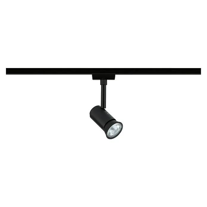 Paulmann URail LED-Spot Runa - 10 W, Schwarz matt, 3,5 x 6 x 13,3 cm - Das Bild zeigt einen schwarzen LED-Strahler an einer Schiene. Die Leuchte ist modern und minimalistisch gestaltet.