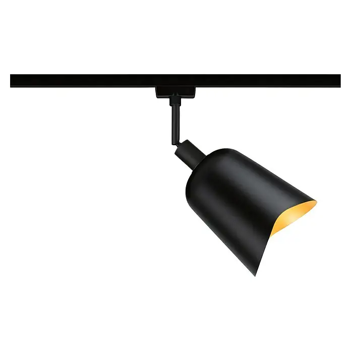 Paulmann URail Lampenschirm Alvaro - E14, Ø x H: 14,4 x 17 cm, Schwarz - Nahaufnahme einer modernen schwarzen Schienenleuchte mit warmem Lichtakzent, die ein elegantes und funktionales Designelement darstellt.