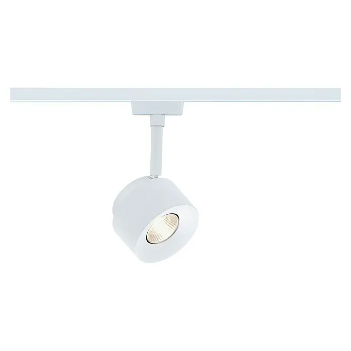 Paulmann URail LED-Spot Pane - Signalweiß, Warmweiß - Deckenleuchte mit schwenkbarem, weißem Spot. Die Lampe ist an einer weißen Schiene befestigt und sorgt für gezielte Beleuchtung im Raum.