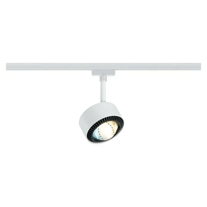Paulmann URail LED-Spot Aldan - Signalweiß, Kaltweiß, Ø x H: 9,9 x 17,9 cm - Nahaufnahme einer weißen LED-Schiene mit verstellbarem Scheinwerfer. Das minimalistische Design passt gut in moderne Interieurs.