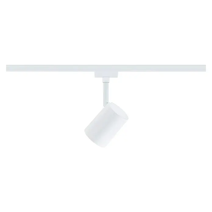 Paulmann URail LED-Spot Luxe - 10 W, Signalweiß, 6,5 x 9 x 16,3 cm - Nahaufnahme einer einzelnen, weißen Schienenleuchte mit zylindrischem Lampenkopf, ideal für moderne Innenräume und gezielte Beleuchtung.